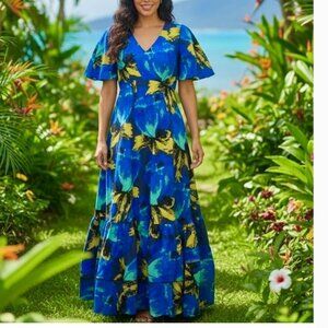 NWT Christopher John Rogers x Target Blue Floral Puff Sleeve Tiered Dress Size 8